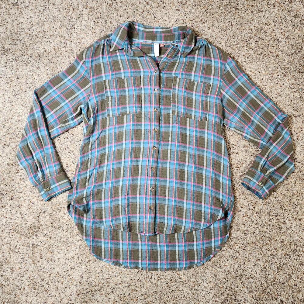 Anthropologie Pilcro Breezy Plaid Button Down Collared Shirt Size Small Viscose
